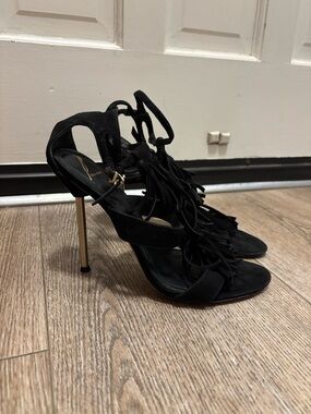 Brian Atwood Black Suede Fringe High Heel Sandals size 8